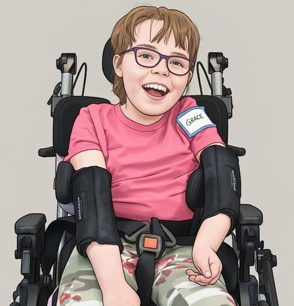 An edited digital illustration showing a child diagnosed with Rett syndrome on a wheelchair