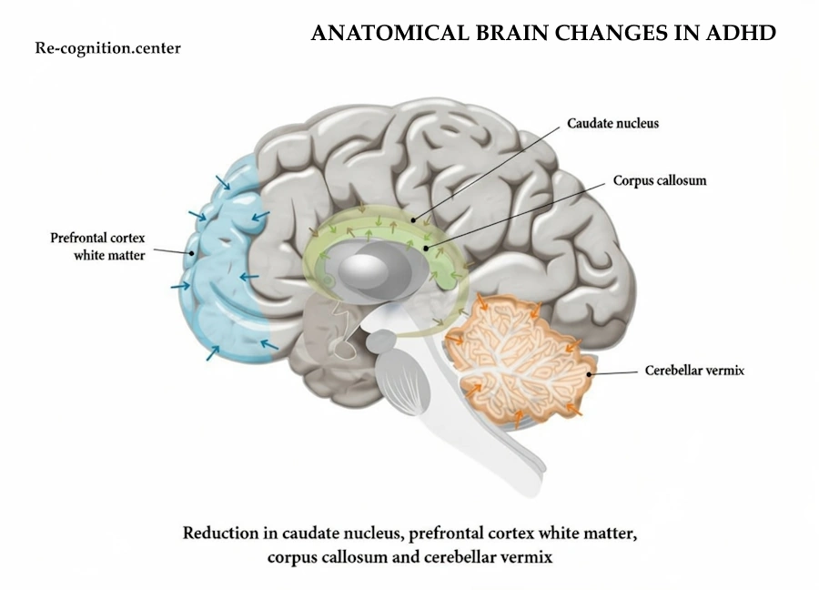 Illustration of a sagittal view of the human brain depicting anatomical changes associated with ADHD. Labeled regions include the prefrontal cortex white matter (highlighted in blue), caudate nucleus (green), corpus callosum (green), and cerebellar vermis (orange), with a note indicating reductions in these areas. Title: Anatomical Brain Changes in ADHD, image belongs to Re-cognition.center