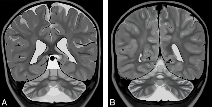 Digital illustration made based on the real image of the brain where atrophy of the cerebellum and cerebral cortex is shown
