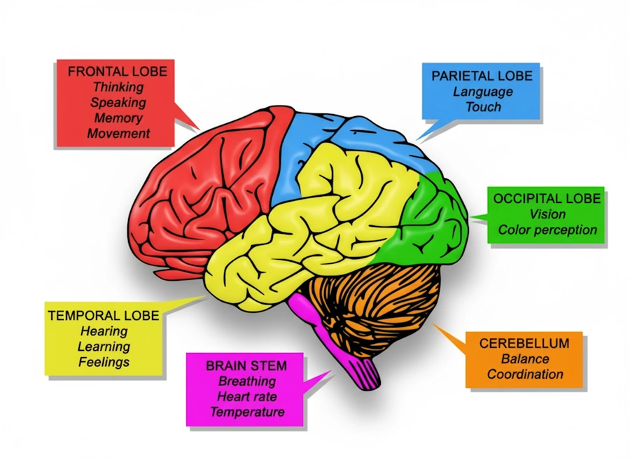 Illustration of brain lobes to visualize which lobe is answering for what bodily and cognitive function.