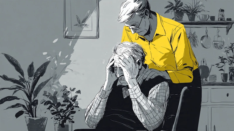 The digital illustration showing a caretaker and a person with dementia in frustration and depression