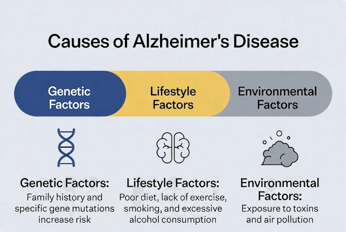 Digital infographics explaining main factors that contributes to development of Alzheimer's disease