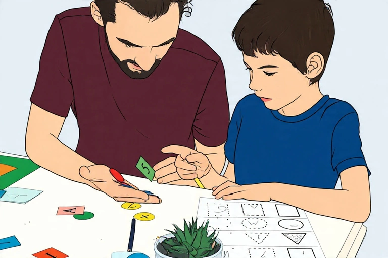 The digital illustration is showing the father and a boy with autism, they are making drawings together