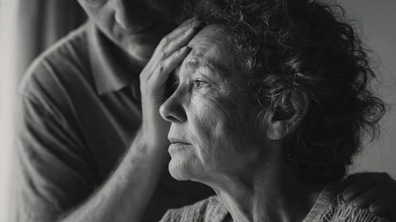 The black and white image showing the elderly person with dementia, the caretaker is gently touching her face, showing care