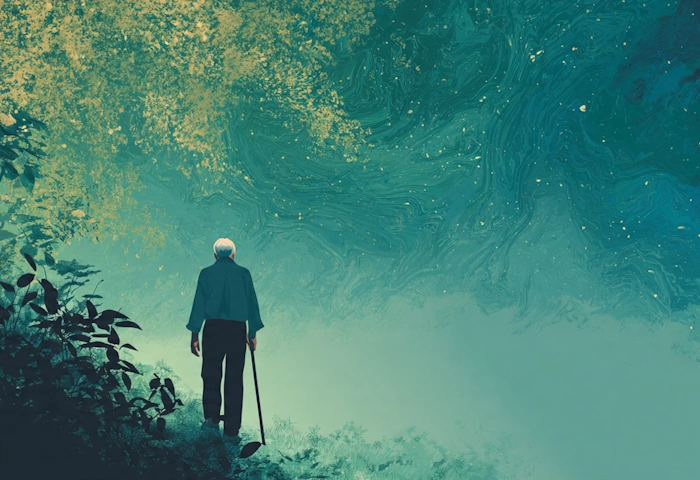Digital illustration of an elderly person is wandering in the imaginary world