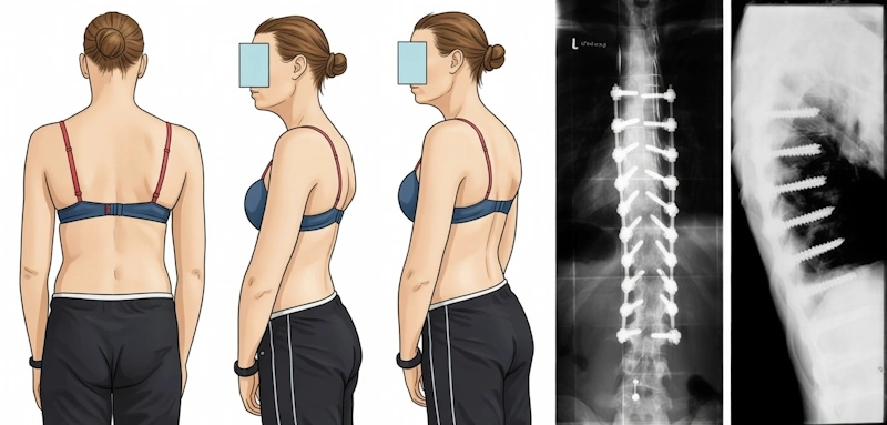 The digital illustration shows the person posture due to kyphosis