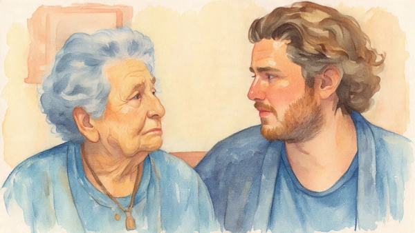 Digital illustration is showing an elderly person is sitting next to her caregiver