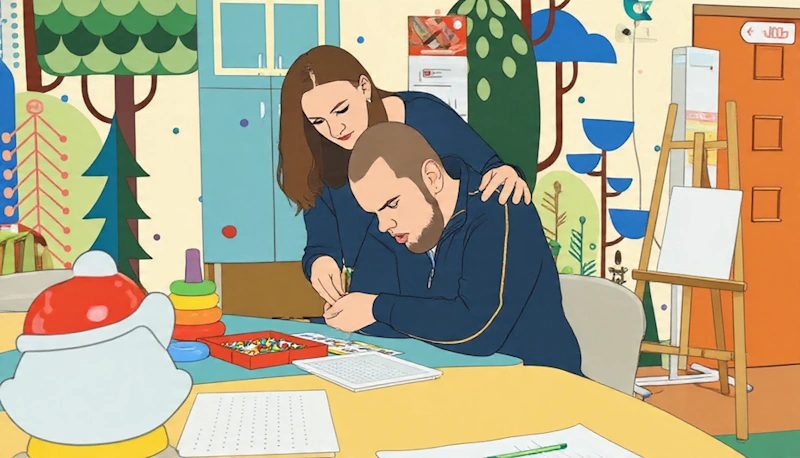  Illustration of a behavioral therapist assisting an adult male with autism on a fine motor skills task in a structured classroom setting, demonstrating occupational therapy support