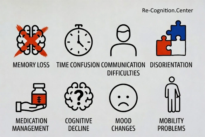Digital illustration showing 8 main symptoms of Alzheimer's disease